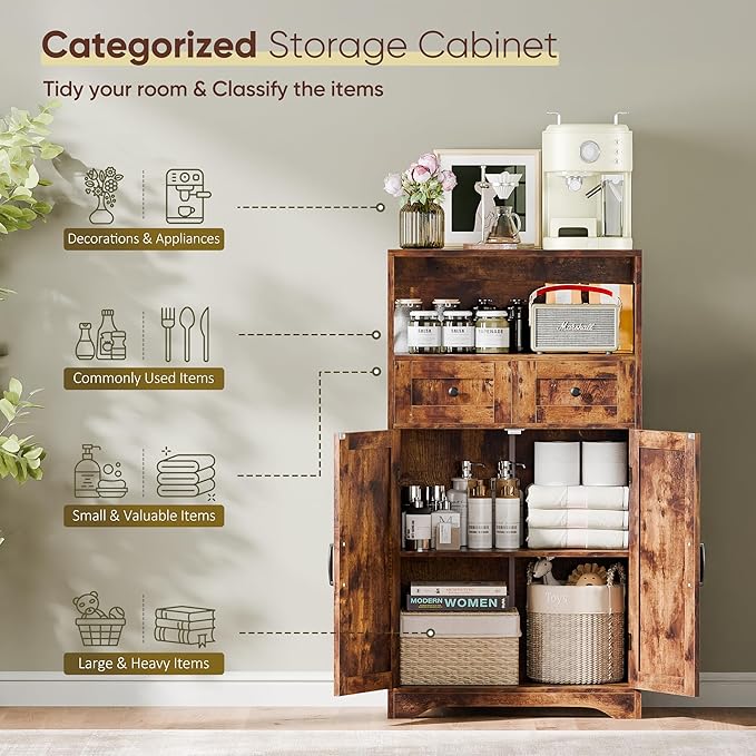 SUPER DEAL Farmhouse Storage Cabinet, Bathroom Floor Cabinet Kitchen Pantry with Doors and Drawers, Hutch Cupboard for Laundry, Living Room, Bedroom, Rustic Brown