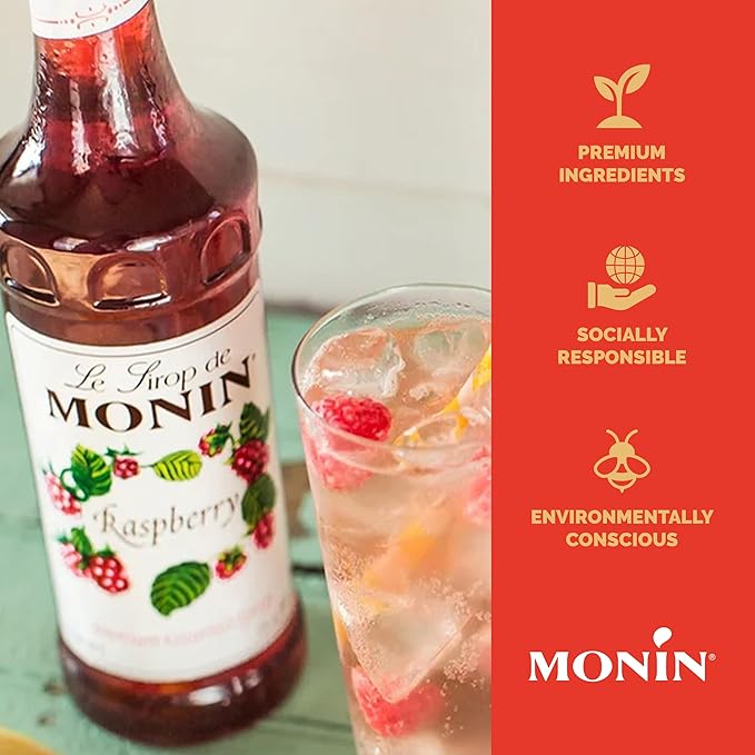 Monin - Raspberry Syrup, Sweet and Tart, Great for Cocktails and Lemonades, Gluten-Free, Non-GMO (1 Liter, 4-Pack)