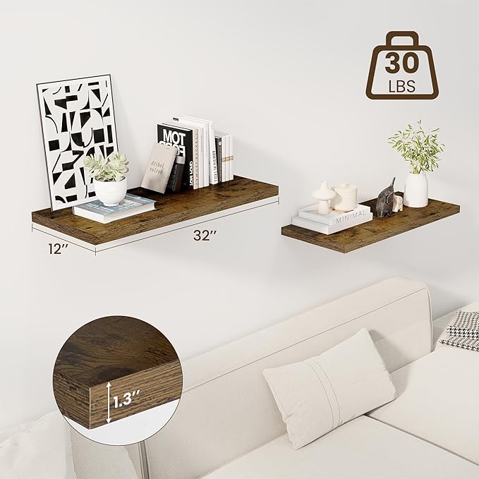 Dreamland 32" Floating Shelves for Wall, 12" Deep Slim Rustic Brown Floating Shelves, Wall-Mounted Shelves for Bedroom, Living Room, Kitchen, Bathroom - Set of 2