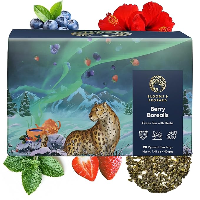 Blooms & Leopard Premium Green Tea Bags – Berry Borealis Blend with Hibiscus, Blueberries, Strawberries, & Spearmint – 20 Pyramid Tea Bags for Hot or Iced Tea