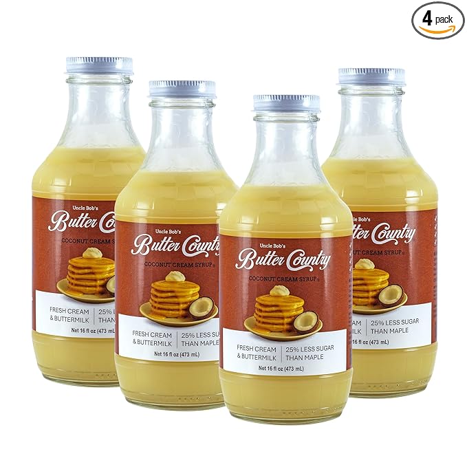 Uncle Bob's Butter Country Rich & Creamy Coconut Syrup for Pancakes and Waffles, Less Sugar, No Corn Syrup, Gluten Free, Made without Artificial Flavors, 16 fl oz Bottle/4 Pack