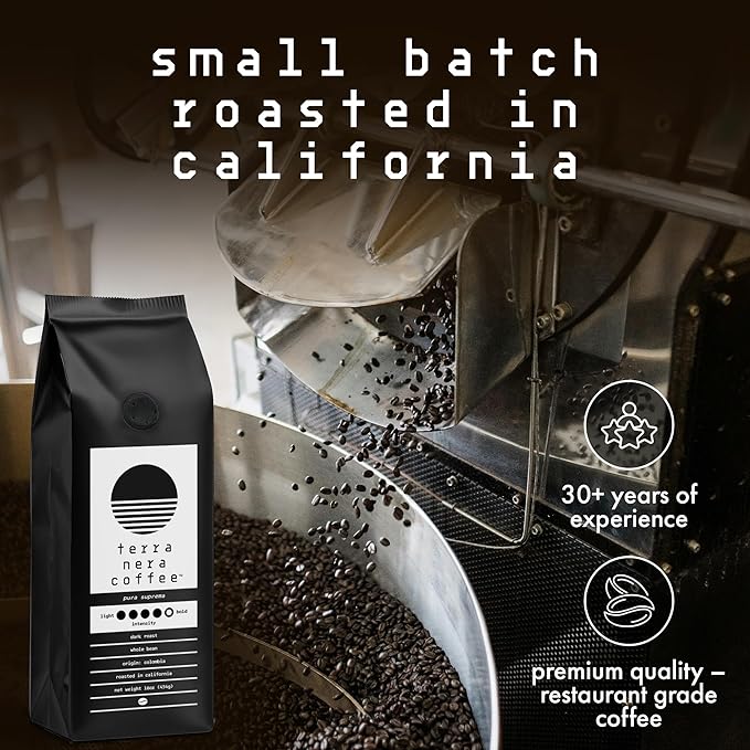 Terra Nera Coffee - Colombian Supremo Whole Bean Coffee Beans - Extra Dark Roast, Espresso-Style Arabica - Bold & Smooth Flavor - Small-Batch Roasted in the USA - 16oz (1lb / 1 Pound) Bag with Degas Valve