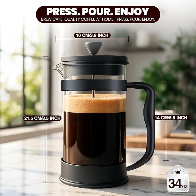 Utopia Kitchen Borosilicate Glass French Press Coffee Maker 34 oz, Heat-Resistant Cafetiere & Tea Maker, Thickened Glass Coffee Press for Travel and Camping, Black