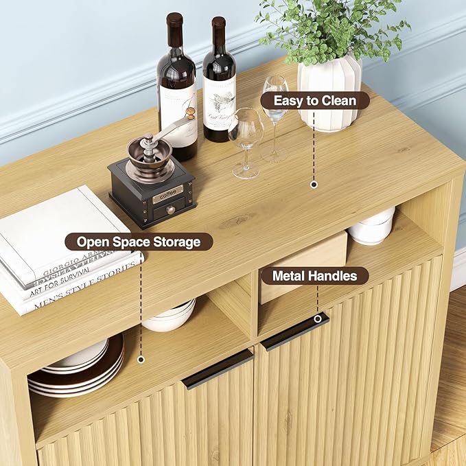 Modern Buffet Cabinet with Fluted Doors, Solid Wood Legs & Thickened Top, 31.5" Multi-Functional Storage Sideboard for Kitchen, Dining Room, Hallway (Natural Wood, 1 PCS)