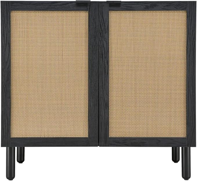 SANGO Orre 2-Door Cabinet, Modern Black Storage Cabinet with Synthetic Rattan Door Panels, Adjustable Shelf, Cylindrical Wood Legs, Discreet Finger Pulls, Elegant Furniture for Living or Dining Room