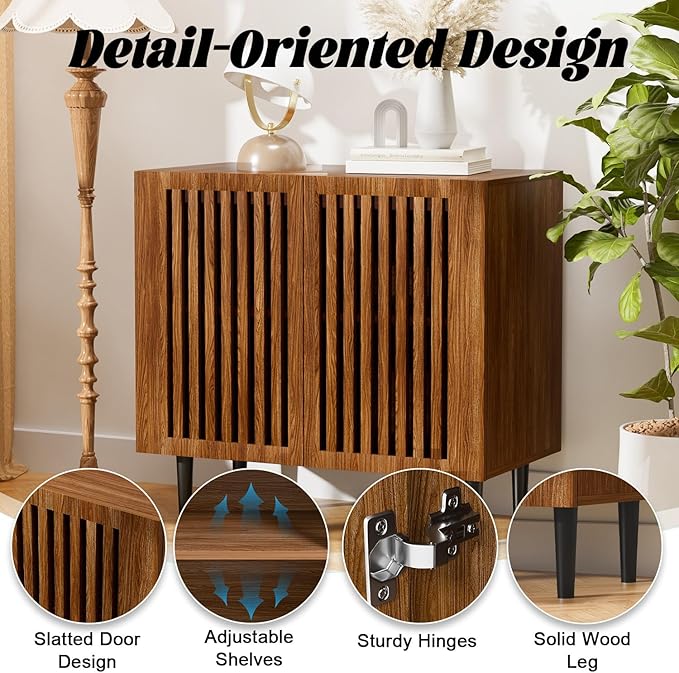 CHUWELL Farmhouse Storage Cabinet, 31.5" Buffet Accent Cabinet with 2 Doors and Adjustable Shelf, Sideboard Coffee Bar with Solid Wood Feet for Kitchen,Living Room,Brown