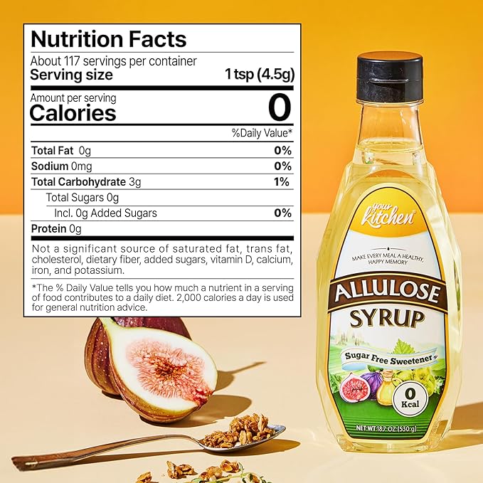 Your Kitchen Allulose Syrup 18.7 Fl Oz, Zero Calorie Sweetener, Keto Diet, Vegan Friendly Allulose Sweetener, Non GMO, Non Erythritol, Zero Net Carbs Liquid Sweetener for Baking, Drinks