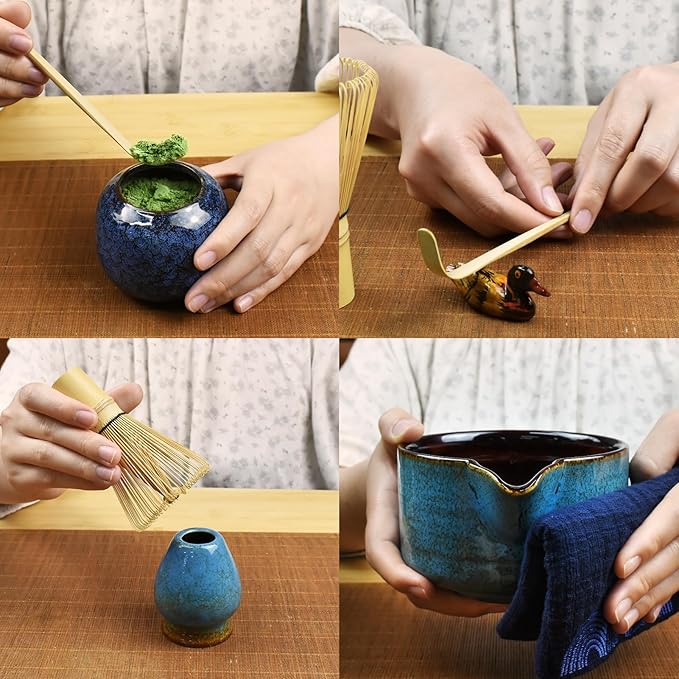 Artcome 7 Pcs Complete Matcha Ceremony Kit for Tea Ceremony, Bowl with Pouring Spout, Whisk, Tea Scoop, Matcha Powder Strainer, Matcha Tea Set For Making Usucha, Koicha and Matcha Latte (Sapphire)