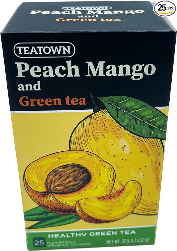 Premium Caffeinated Ceylon Peach Mango Green Tea Bags: 25 Count Individually Wrapped Teabags All-Natural Exotic Fruit Essence & Aroma Hot or Iced Tea Brew (25-Pack)