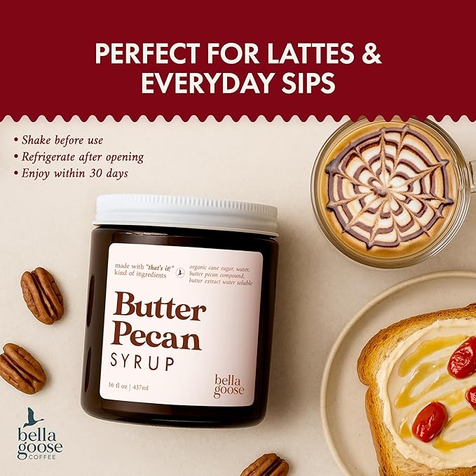 Bella Goose Butter Pecan Coffee Syrup Jar (16oz) - Homemade Pure Cane Sugar Syrup for Lattes, Matcha, Desserts - Clean Ingredient - No Artificial Flavors - Syrups for Coffee Drinks