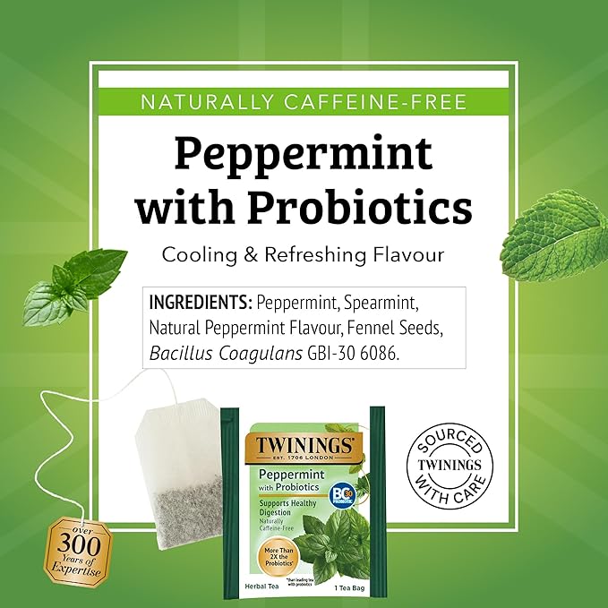 Twinings Superblends Probiotics+ Peppermint & Fennel Herbal Tea, 250 Million CFUs per Cup, 18 Tea Bags (Pack of 1), Naturally Caffeine-Free, Enjoy Hot or Iced