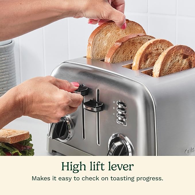 Cuisinart 4 Slice Toaster, Compact Stainless Steel Toaster with Extra-Wide Slots for Toasting Bread, French Toast, Bagels and Pastries, Defrost & Reheat Functions, CPT-180P1, Brushed Stainless