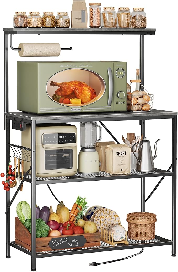 Huuger 4-Tier Bakers Rack with Reversible Power Outlet, 31.5 Inch Microwave Stand, Kitchen Bar, with Top Shelf, 6 S Hooks, Grey