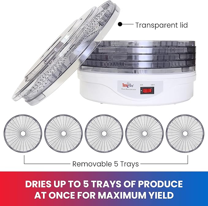 Total Chef Food Dehydrator - 5-Tier Liofilizadora, Air Drying Jerky, Fruit, Vegetable, Mushroom, Meat, Fish & More, Counter Top Alimentos Deshidratador For Home With Dishwasher Safe Trays Rack