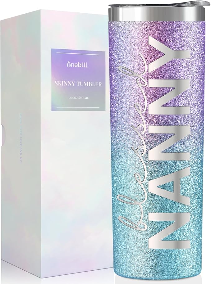 Onebttl Christian Grandma Gifts for Mother's Day, 20oz Purple & Blue Glitter Skinny Tumbler, Straw & Lid Included, Nanny Gifts - Blessed Nanny