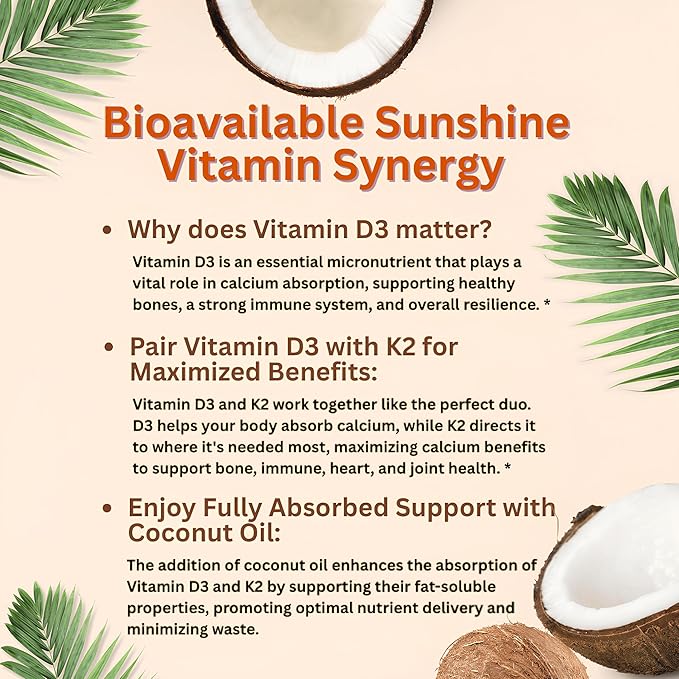 Vitamin D3 10000 iu Plus K2 (MK-7) 200 mcg, 300 Virgin Coconut Oil Softgels| 2 in 1 Vitamins D & K Complex | Supports Calcium Absorption, Bone, Immune, & Heart Health* – Easy to Swallow