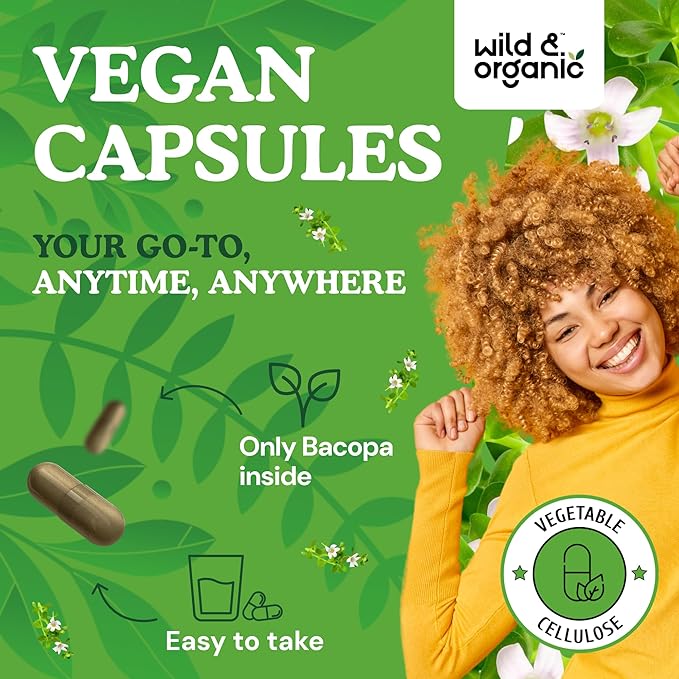 Wild & Organic Bacopa Capsules 600 mg - Brain Support - Natural Bacopa Monnieri Supplement - Brahmi Capsules - 90 Days of Supply - Vegan, No Fillers, Non-GMO - 90 Count