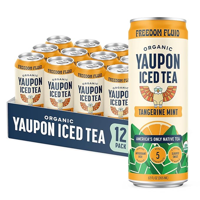 Freedom Fluid Organic Yaupon Iced Tea – Tangerine Mint | Herbal Tea Drink | Lightly Sweetened, Low Sugar, Low Calories, Real Brewed Tea, Clean Ingredients, Antioxidant Rich, Natural Caffeine, 12 Pack (12 oz cans)