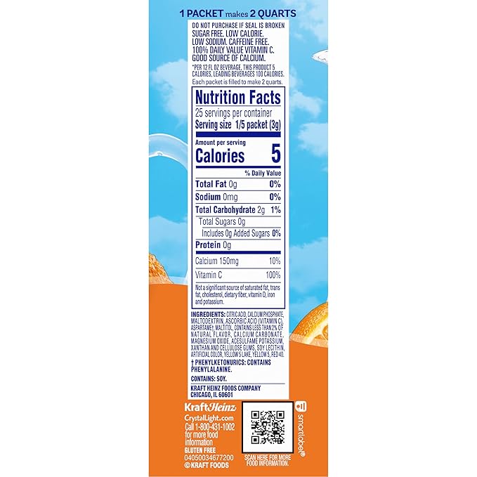 Crystal Light Classic Orange Naturally Flavored Powdered Drink Mix with Caffeine, 5 ct Pitcher Packets