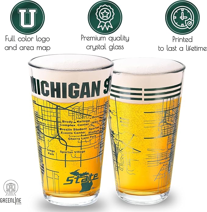 Greenline Goods – Michigan State University Spartans College Pint Beer Glasses (Set of 2), 16 oz – Full-Color Logo + Campus Map