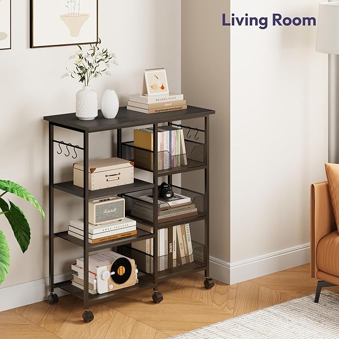 SWTYMIKI Kitchen Island Cart on Wheels - 28.35x14.57in Rolling Kitchen Table Cart with Storage Shelves, 6 Removable Hooks& Locking Casters, Coffee Bar Cabinet for Dining Room Pantry Office, Black