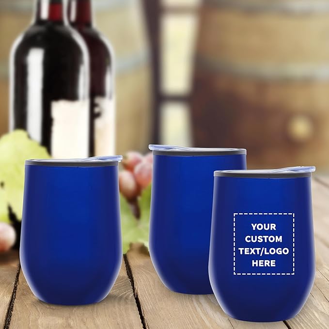 DISCOUNT PROMOS Custom Stemless Wine Tumblers 12 oz. Set of 1, Personalized Bulk Pack - Insulated, Perfect for Wine, Cocktails, Other Hot & Cold Beverages - Blue
