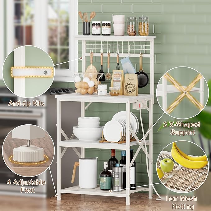 Furologee Kitchen Bakers Rack with Power Outlet, Microwave Oven Stand with Storage 4 Tiers, Coffee Bar Table with 6 S Hooks, Kitchen Storage Shelf Rack for Spices, Pots, White