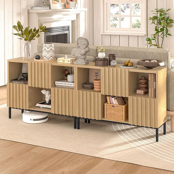 Vabches Fluted Short Bookcase, 6 Cube Storage Organizer with Doors, Modern 2-Tier Open Bookshelf for Home and Office, Wood Floor Standing Display Cabinet Rack, Natural