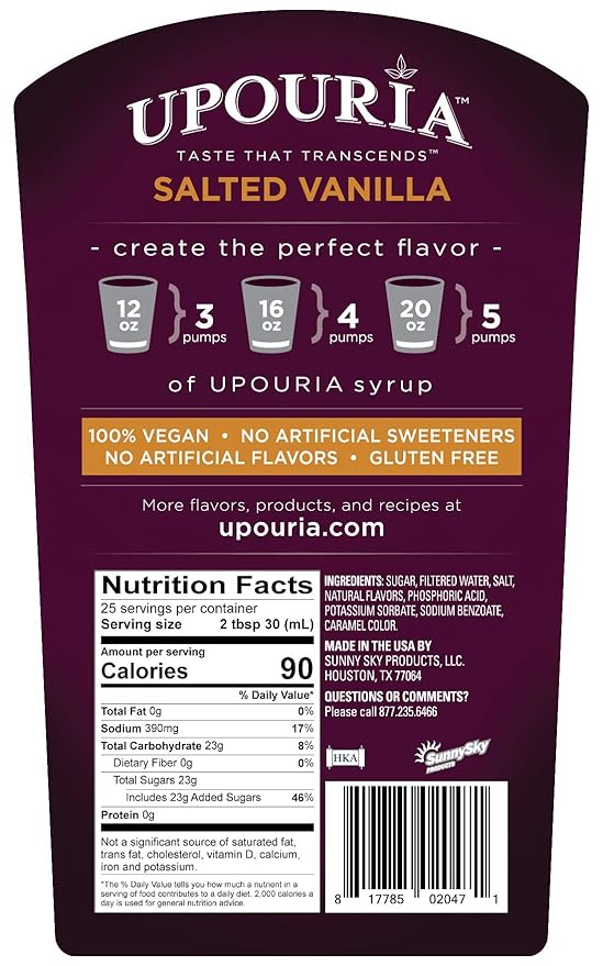 Upouria Salted Vanilla Flavored Syrup, 100% Vegan and Gluten-Free, 750 ml Bottle with Syrup Pump