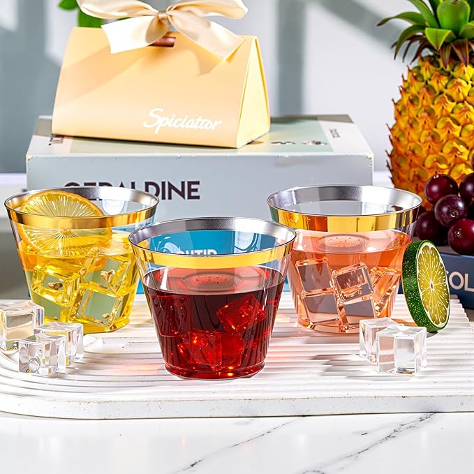 WELLIFE 200 PCS Gold Plastic Cups,9 oz Clear Plastic Cups,Disposable Wine Glasses,Plastic Cocktail Glasses for Party and Wedding