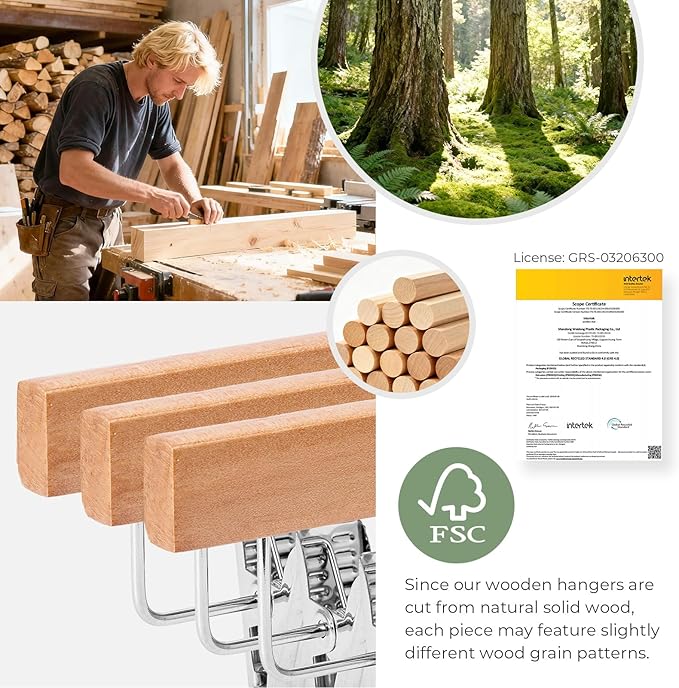 HOUSE DAY Premium Wooden Pants Hangers 50 Pack, Solid Lotus Wood Skirt Hangers with 2-Adjustable Clips, Heavy Duty & Anti Slip Wood Bottom Hanger for Slacks, Jeans, Trousers, Shorts (Natural)