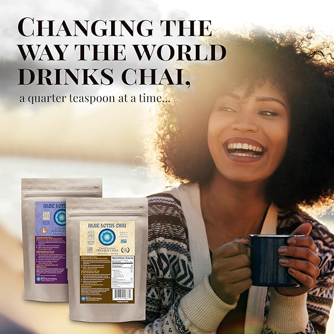 Blue Lotus Chai – Golden Masala Chai with Turmeric and Maca - Makes 265 Cups – Just Add Hot Water, No Steeping, No Gluten - 8 Ounce Masala Chai Powder with Organic Spices – Authentic Indian Tea