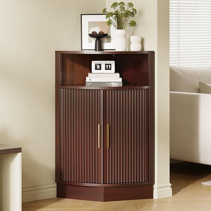Corner Bathroom Cabinet, Modern Small Corner Cabinet with Fluted Door and Open Shelf, Space Saver for Bathroom, Living Room, Kitchen, Brown