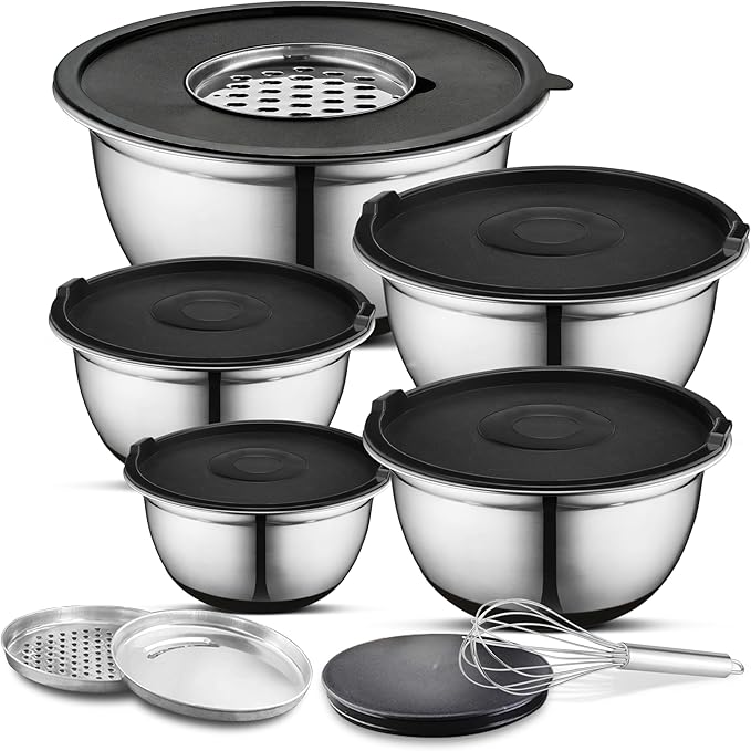 AVADOR Premium Brushed Stainless Steel Mixing Bowls Sets, Easy To Clean, Space Saving, Great for Cooking, Baking, Prepping Needs 0.25qt, 1qt, 1.5qt, 3qt, 5qt (9 pc Anti Slip with Lid and Graters)