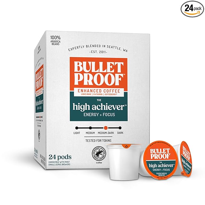 Bulletproof The High Achiever Single-Serve Pods, 24 Count, Medium-Dark Roast Enhanced Coffee with Lion's Mane Mushroom, B Vitamins, and Adaptogens for Energy and Focus