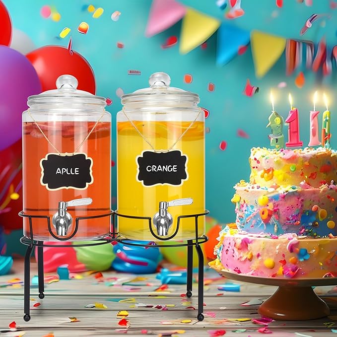 1 Gallon Beverage Dispenser 2 Pack, Stainless Steel Spigot Drink Dispenser for Parties with Stand, Clear Glass Drink Container Easy to Refill and Clean