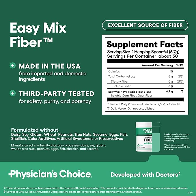 Physician's CHOICE Easy Mix Fiber for Digestive Health & Regularity - No Grit, Sugar Free, & Tasteless - Daily Prebiotic Soluble Fiber Powder Supplement for Women and Men - Unflavored - 7.1oz