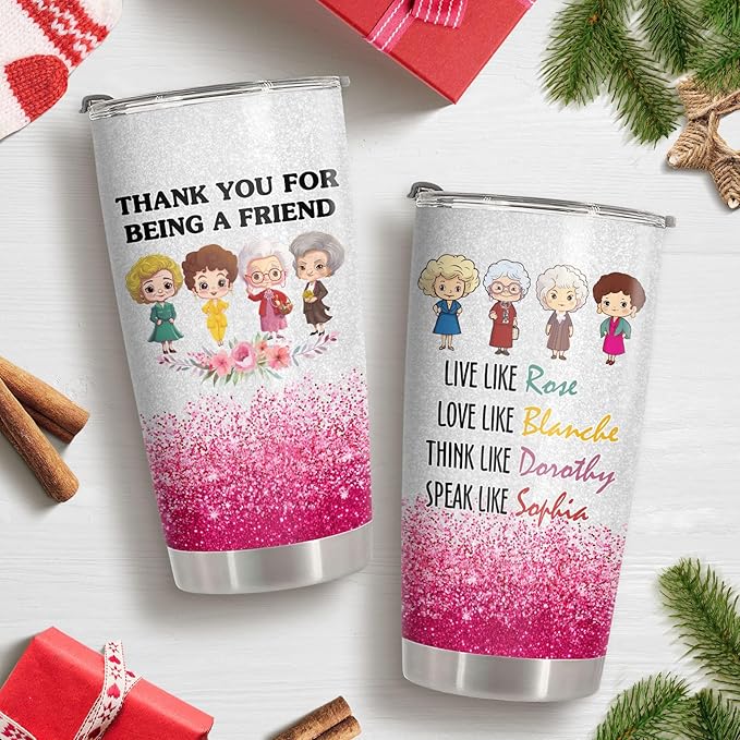 34HD Golden Tumbler 20oz – Thank You for Being a Friend – Double Wall Vacuum Insulated Stainless Steel Cup – Keeps Drinks Hot or Cold – Glitter Travel Mug Gift for Women & Friends