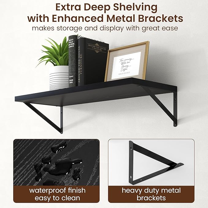 Axeman Deep Floating Shelves - 30 Inch Black Floating Shelves Set of 2-12 Inch Deep Wood Wall Shelves for Living Room Bathroom Kitchen