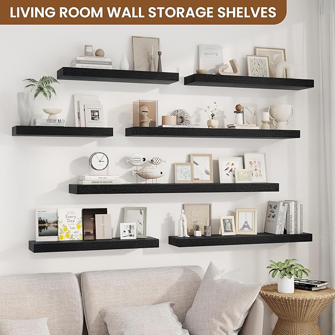 fuqing Floating Shelves for Wall, Wall Mounted Wood Floating Shelf with Invisible Brackets for Living Room, Bathroom, Bedroom, Kitchen Storage and Decor, 32 Inch Set of 2, Black