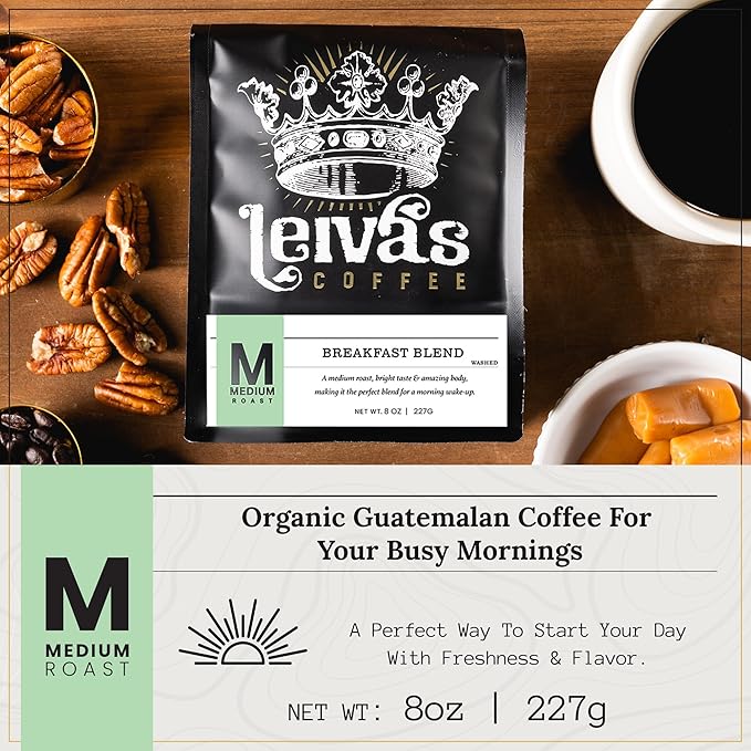 Leiva’s Breakfast Blend Medium Roast Coffee (8oz), Roasted to Order, Small Batch Guatemalan Beans – Organic Single Origin Coffee Beans - Low Acidity Medium Roast for Drip & French Press Brews
