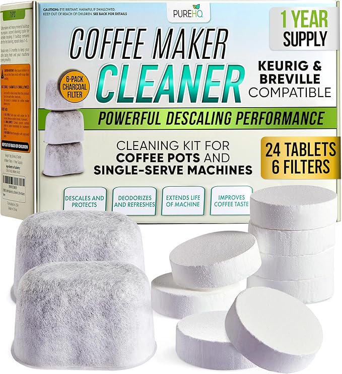 PUREHQ Coffee Machine Descaler Tablets – 24 Count Cleaning Tabs with 6 Keurig Water Filter Cartridges – Compatible with Keurig and Breville Coffee Makers