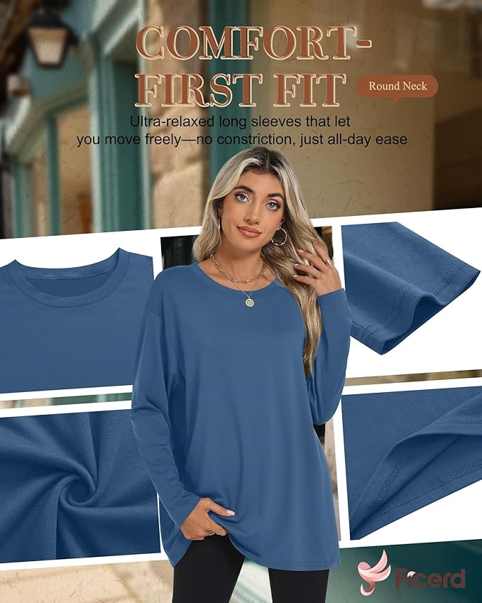 Ficerd 3 Pack Women's Oversized Long Sleeve Shirts Cotton Gym Round Neck Tops Loose Fit Casual Workout Baggy Fall Basic Tee