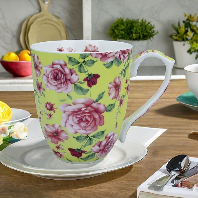 14oz Bone China Coffee Mugs for Women Floral Coffee Mug Tea Cups Novetly Coffee Cups Gift for Women Mom Friends (Sunny yellow rose)