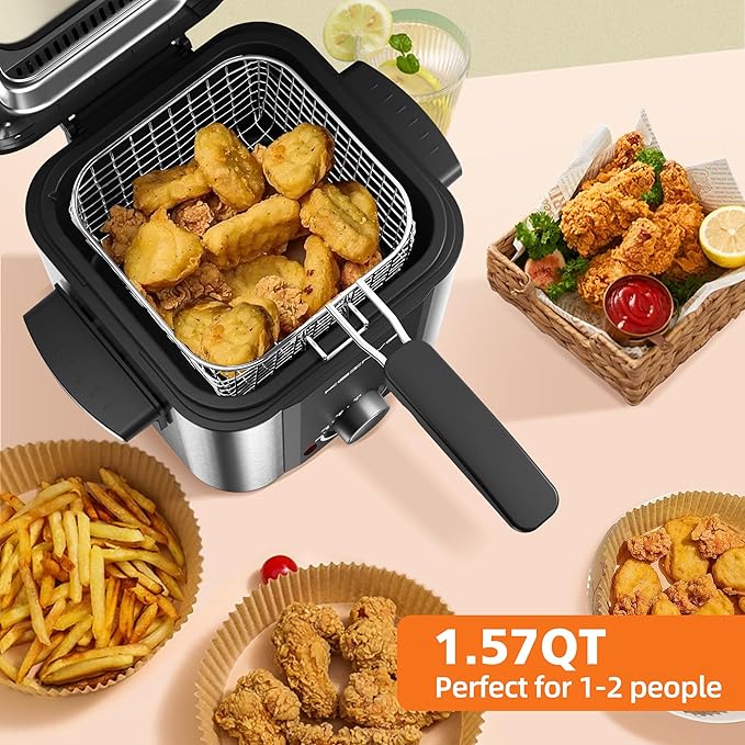 Electric Deep Fryer, 1.5 Liters Oil Capacity, Small Deep Fryer with Basket, Cool Touch Sides, Nonstick