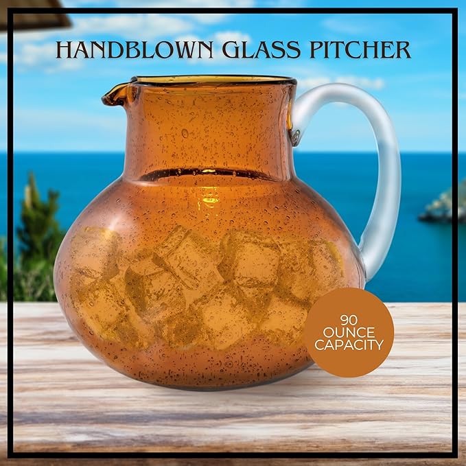 Artland Iris 90 Oz Handblown Glass Pitcher - Bubble Shape, Lead-Free - Versatile Drink Dispenser for Water, Juice, Cocktails - Enhanced Kitchen Decor, Dishwasher Safe (Amber)