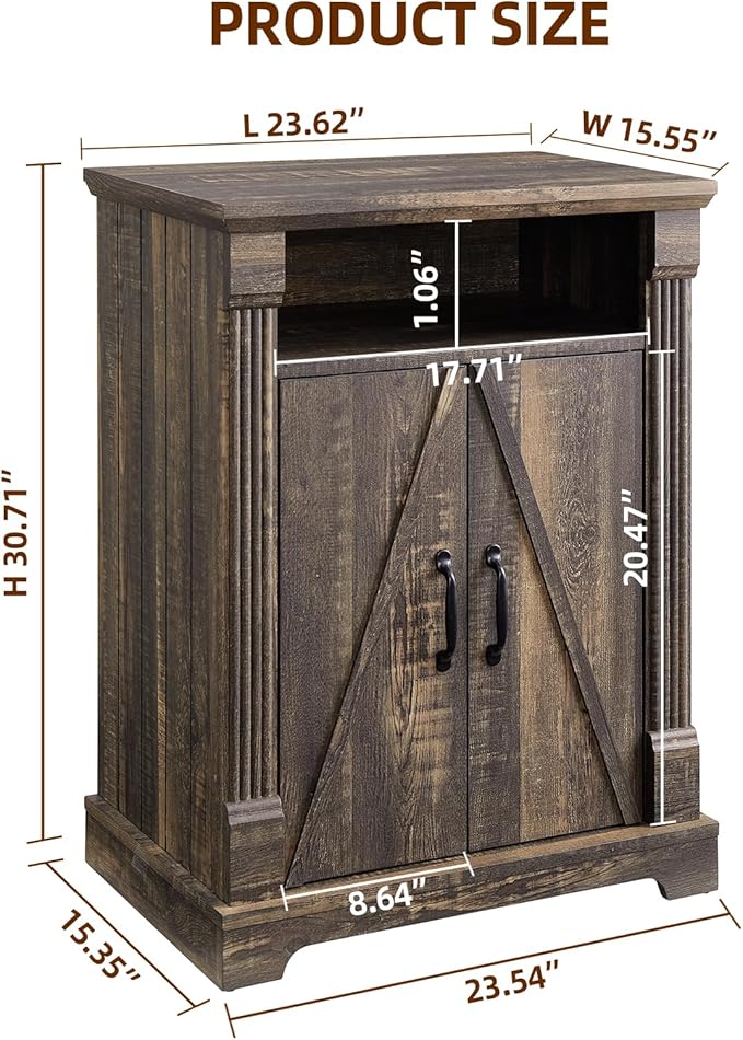 24" Farmhouse Storage Cabinet – Dark Rustic Oak Freestanding Buffet Sideboard with Barn Doors, Adjustable Shelf, Small Coffee Bar for Kitchen, Bathroom & Living Room