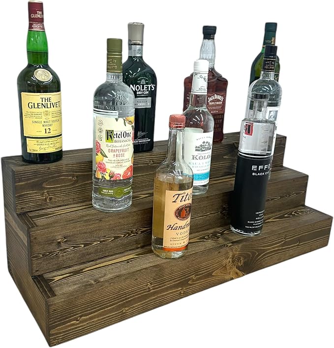 Handmade Tiered Display Shelving - Three Tier Bar Display - Bar Organizer - Liquor Bottle Display (30" with Back, Dark Walnut)
