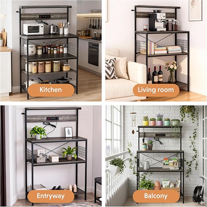 Simple Deluxe Kitchen Bakers Rack with Power Outlet, Coffee Bar Accessories Table, 4-Tier Adjustable Storage Shelf for Spices, Freestanding Appliance Organizer, 31.5 Inch, Gray