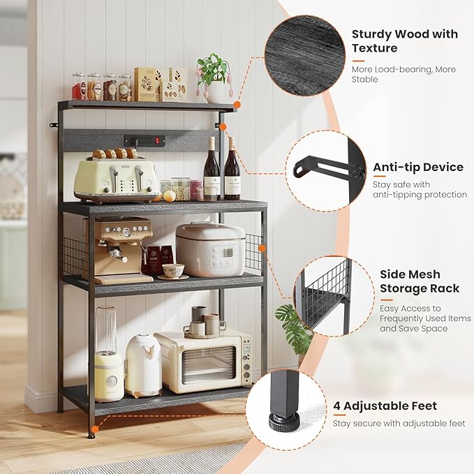Sweetcrispy Kitchen Bakers Rack with Power Outlet, Coffee Bar Table 4 Tiers, Microwave Oven Stand Station, Adjustable Storage Shelf for Spices, Freestanding Appliance Organizer - 24 Inch, Gray